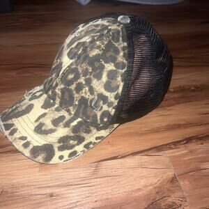 C.C. Leopard Print Trucker Hat Crisscross Ponytail Distressed Mesh Back Cap